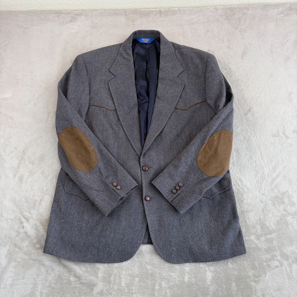 Vintage Pendleton Western Sport Coat Elbow Patch Jacket Blazer Men 50 Gray Wool